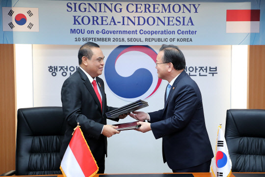 김부겸 행정안전부 장관(왼쪽)과 샤프루딘 인도네시아 행정개혁부 장관이 10일 오전 서울 세종로 정부서울청사에서 한·인니 전자정부협력센터 운영에 대한 MOU(양해각서)를 체결한 뒤 협약서를 교환하고 있다. 양국은 올해까지 운영할 예정이던 한·인니 전자정부협력센터를 인도네시아측 요청으로 내년까지 연장 운영하기로 했다. 행안부 제공